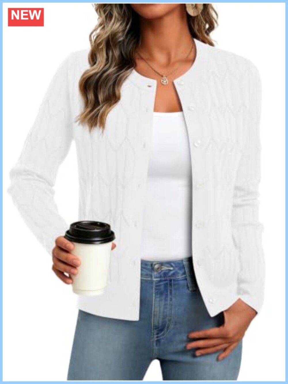 Womens Cable Knit Cardigan Button Up Crewneck Fall Winter Sweater
